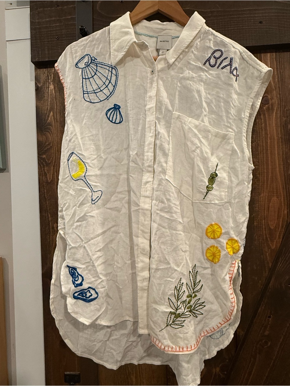 Maeve White Sleeveless Embroidered Button-Front Top